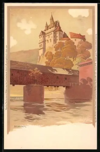 Künstler-AK Meissner & Buch (M&B) Nr. 11: Kriebstein, Blick auf gedeckte Brücke und Schloss