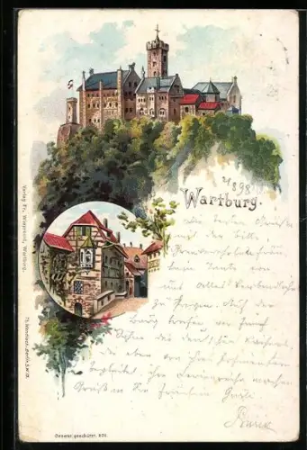 Lithographie Wartburg, Burg und Ansicht des Bughofes