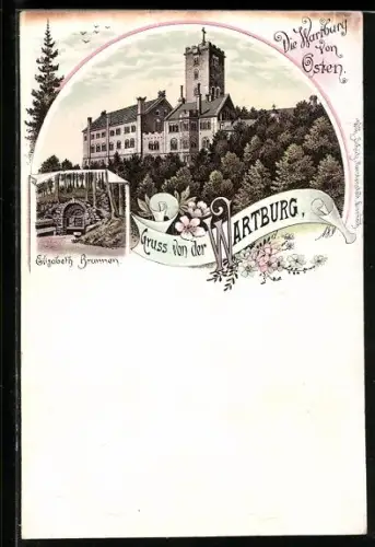 Lithographie Eisenach, Wartburg von Osten, Elisabethbrunnen