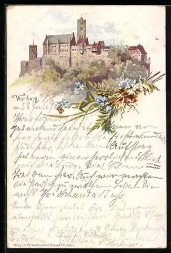 Lithographie Wartburg, Blick auf die Burg mit Vergissmeinnicht
