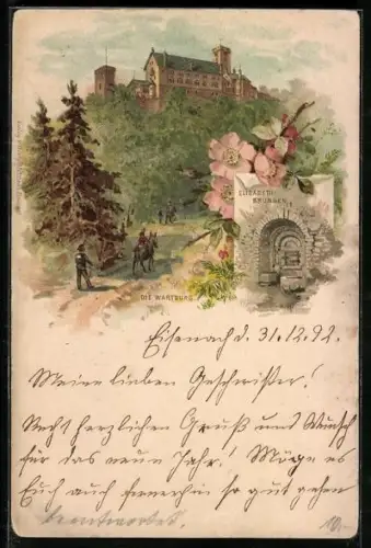 Lithographie Eisenach, Die Wartburg und Elisabeth-Brunnen