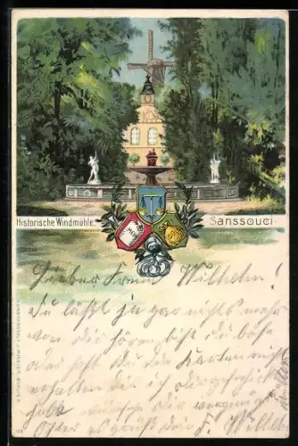 Lithographie Potsdam, Sanssouci, Historische Windmühle