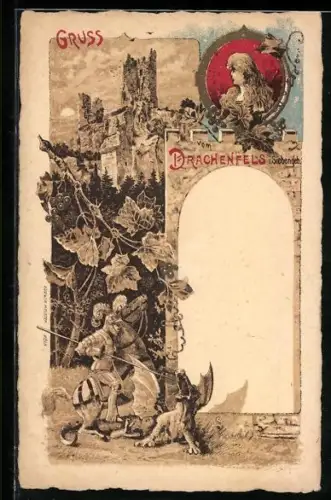 Lithographie Drachenfels i. Siebengeb., Blick zur Ruine, Ritter und Drache