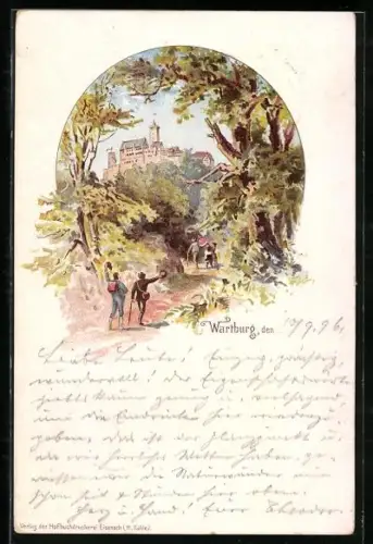Lithographie Wartburg, Blick zur Burg