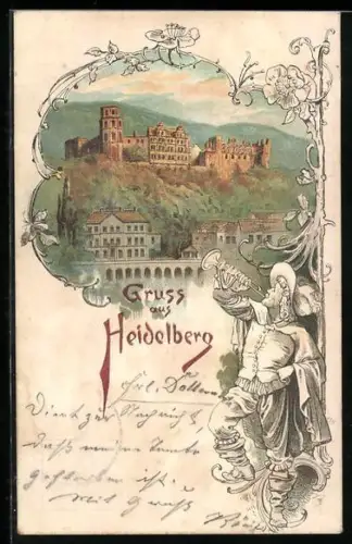 Lithographie Heidelberg, Blick zum Schloss, Trompeter von Säckingen