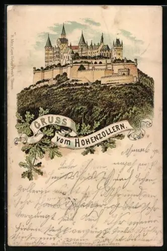 Lithographie Bisingen, Blick auf Burg Hohenzollern
