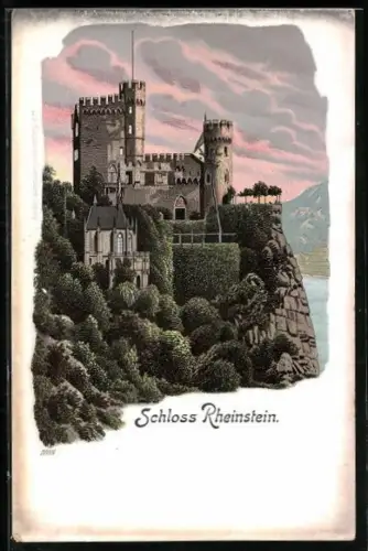 Lithographie Trechtingshausen, Schloss Rheinstein