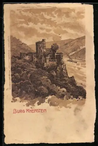 Lithographie Rheinstein, Blick auf die Burg