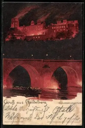 Künstler-AK Heinrich Kley: Heidelberg, Schlossbeleuchtung und Ruderboot