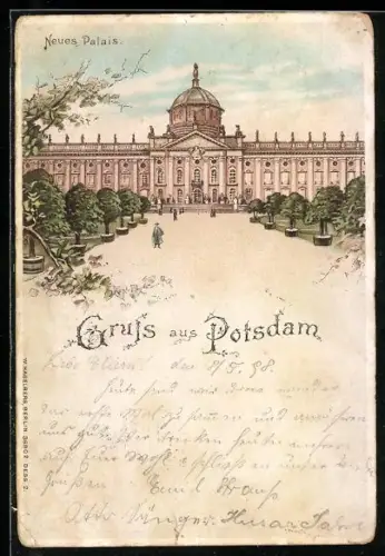 Lithographie Potsdam, Neues Palais, Licht fängt an zu leuchte