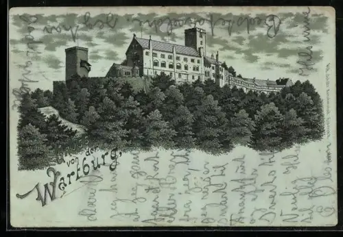 Mondschein-Lithographie Wartburg, Blick auf die Burg