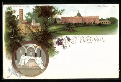Lithographie Potsdam, Friedenskirche, Mausoleum Kaiser Friedrich III und das Neue Palais