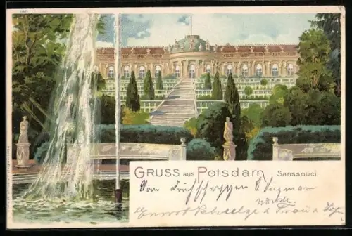 Lithographie Potsdam, Schloss Sanssouci, Parkansicht mit Brunnen