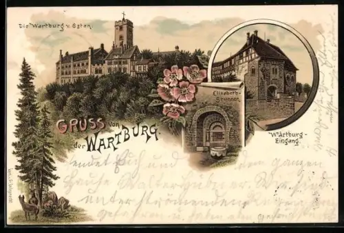 Lithographie Totalansicht der Wartburg