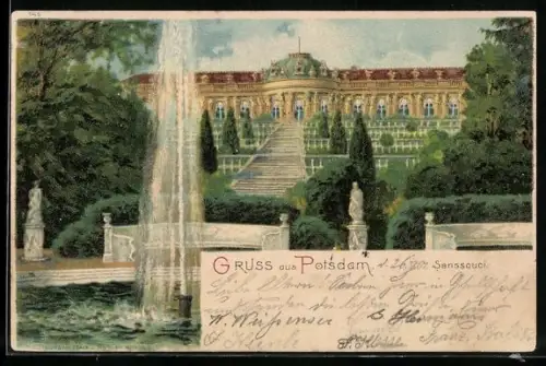 Lithographie Potsdam, Blick auf das Schloss Sanssouci
