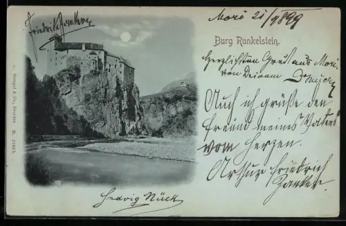 Mondschein-AK Runkelstein, Burg Runkelstein mit Flusspartie