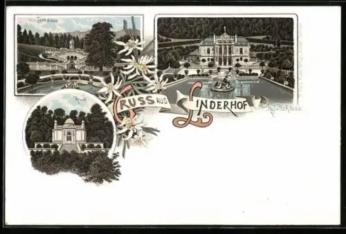 Lithographie Linderhof, Kiosk, Kgl. Schloss, Terrasse