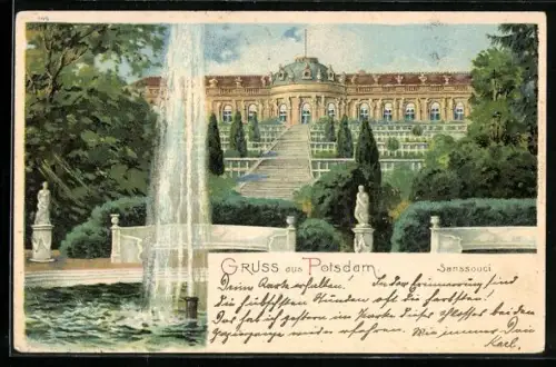 Lithographie Potsdam, Blick auf das Schloss Sanssouci