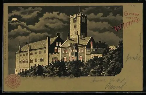 Mondschein-Lithographie Wartburg, Teilansicht der Burg