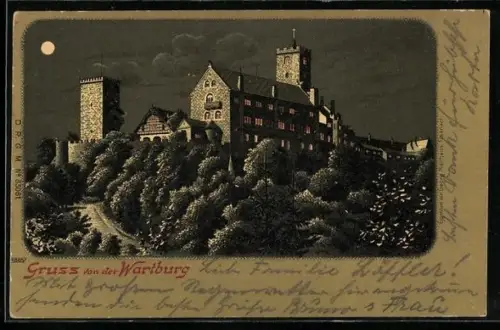 Mondschein-Lithographie Wartburg, Blick auf die Burg
