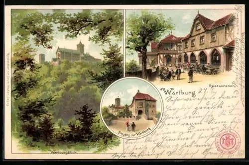 Lithographie Eisenach, Wartburgblick, Restauration und Burgeingang