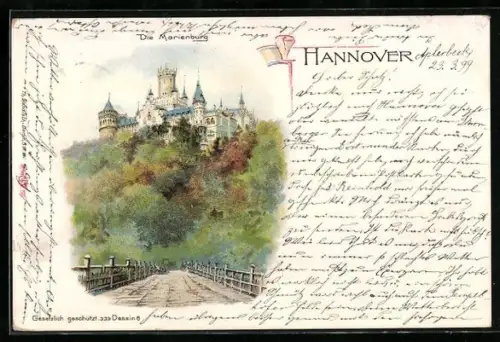 Lithographie Hannover, Marienburg, Fahrradfahrer