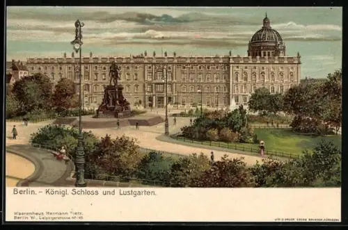 Lithographie Berlin, Königliches Schloss, Lustgartenseite mit Passanten