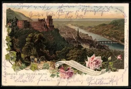 Lithographie Heidelberg, Schloss, Altstadt und Neckarbrücke