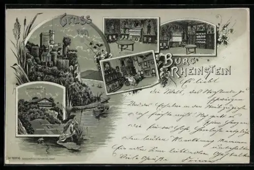 Mondschein-Lithographie Rheinstein, Burg mit Schweizerhaus, Rittersaal und Zimmer d. Prinzessin Friedrich