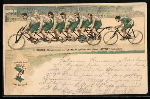 Lithographie Reklame Graz Styria Fahrrad-Fabrik, Steherrennen, Radsportler von 6-Personen-Tandem gezogen