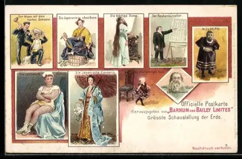 AK Zirkus-Schaustellung, Schausteller-Portrait's Tätowierte Venus, Pudelmensch, Bärtige Dame, Japanerin ohne Arme u.a.