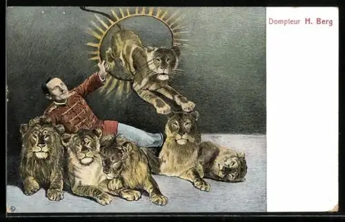 AK Dompteur H. Berg bei seiner Löwen-Dressur, Zirkus