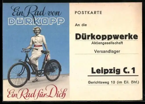 AK Leipzig, Reklame und Bestellkarte für Fahrräder von Dürkopp mit einer Frau auf einem Rad