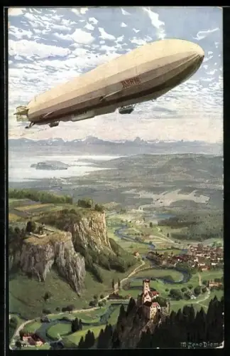 Künstler-AK Zeno Diemer: Zeppelin über einer Burg im Gebirge