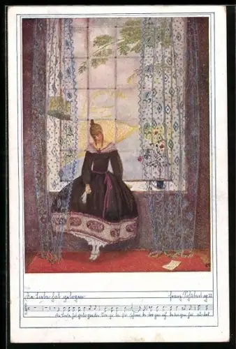Künstler-AK Mela Köhler: Dame steht traurig mit Tuch in der Hand am Fenster, Notentext in C-Dur, Deutscher Schulverein