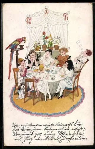 Künstler-AK Walter Trier: Nach der Verjüngung, Damen sitzen am Kaffeetisch, Papagei, Hund