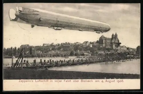 AK Breisach, Zeppelins Luftschiff über dem Ort am 4.8.1908