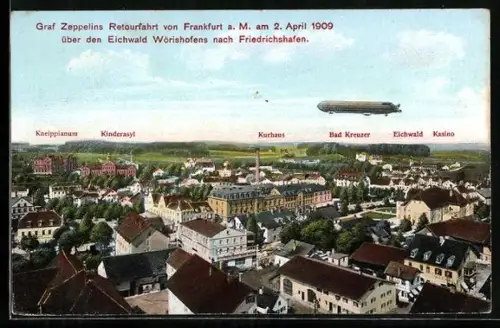 AK Bad Wörishofen, Graf Zeppelin's Retourfahrt von Frankfurt a. Main am 2. April 1909