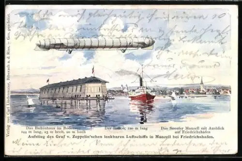 Künstler-AK Aufstieg des Graf v. Zepellin`schen lenkbaren Luftschiffs in Manzell, Zeppelin