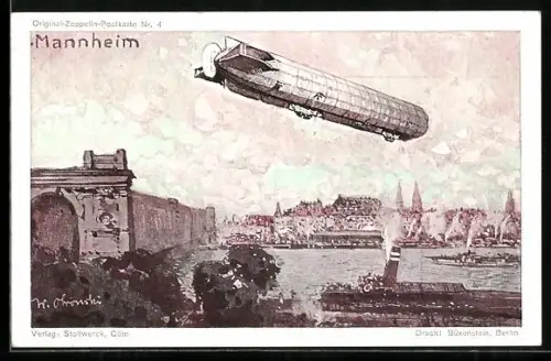 Künstler-AK Mannheim, Zeppelin über dem Rhein, Verlag Stollwerck-Schokolade