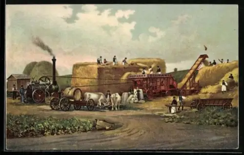 AK Reklame für Lokomobil mit Dreschmaschine von Hofherr-Schrantz, Ochsengespann