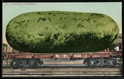 AK A California Watermelon, Riesen Wassermelone auf einem Zug, Fotomontage
