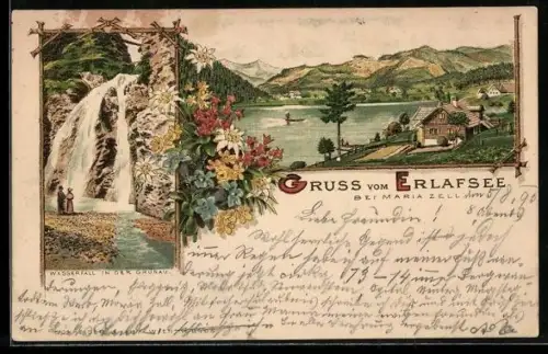 Vorläufer-Lithographie Erlafsee bei Mariazell, 1895, Seeufer, Wasserfall in der Grünau