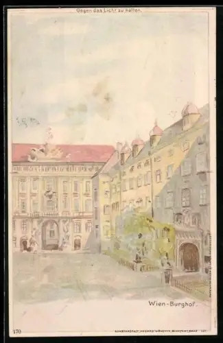 Lithographie Wien, Burghof, Kaiser Franz Josef I. von Österreich in Uniform am Schreibtisch, Halt gegen das Licht