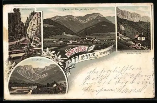 Lithographie Aflenz, Fölzkamm, Ortsansicht mit der Bürgeralpe, Schwabenwirtshaus