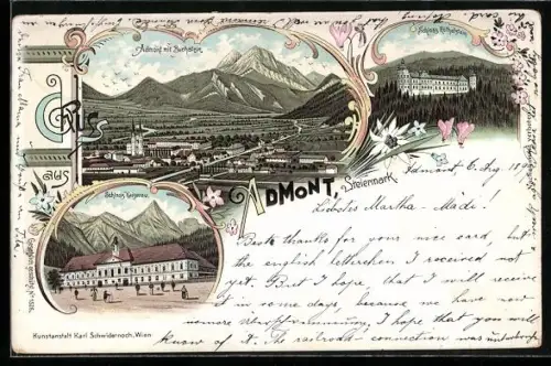 Lithographie Admont, Gesamtansicht, Schloss Röthelstein, Schloss Kaiserau