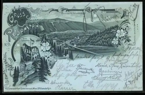Mondschein-Lithographie Rabenstein a. d. Pielachthalbahn, Ruine Rabenstein, Ortsansicht