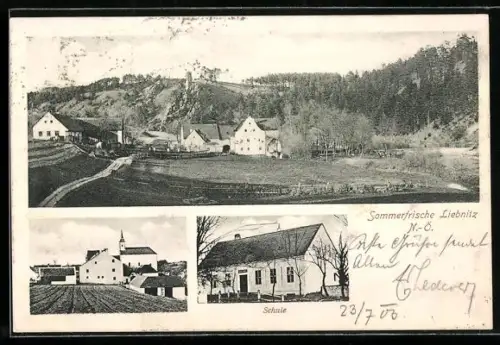 AK Raabs an der Thaya, Liebnitz, Schule, Kirche, Ortspartie am Wald