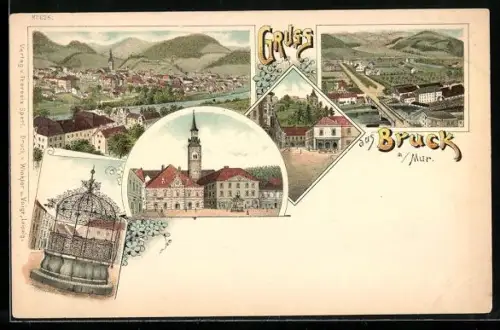 Lithographie Bruck an der Mur, Panorama, Ortsansicht mit Strassenpartie