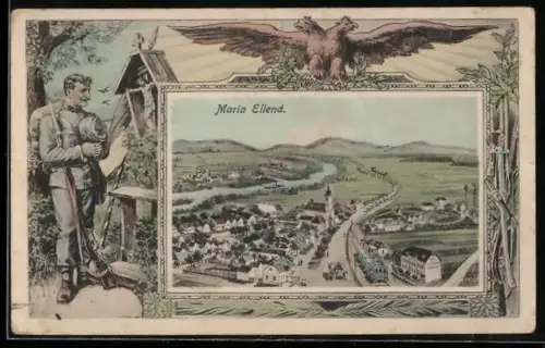 AK Maria Ellend an der Donau, Totalansicht, Passepartout Soldat & Doppelkopf-Adler